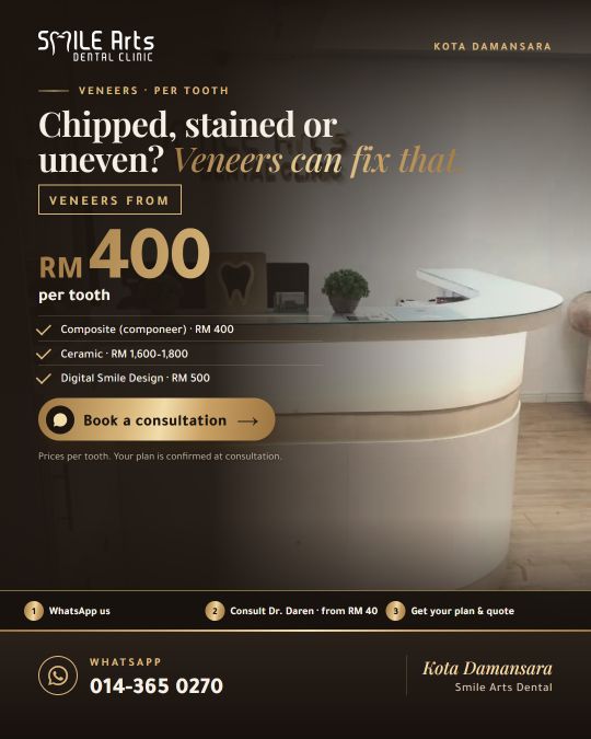 Smile Arts veneers ad, from RM 400 per tooth